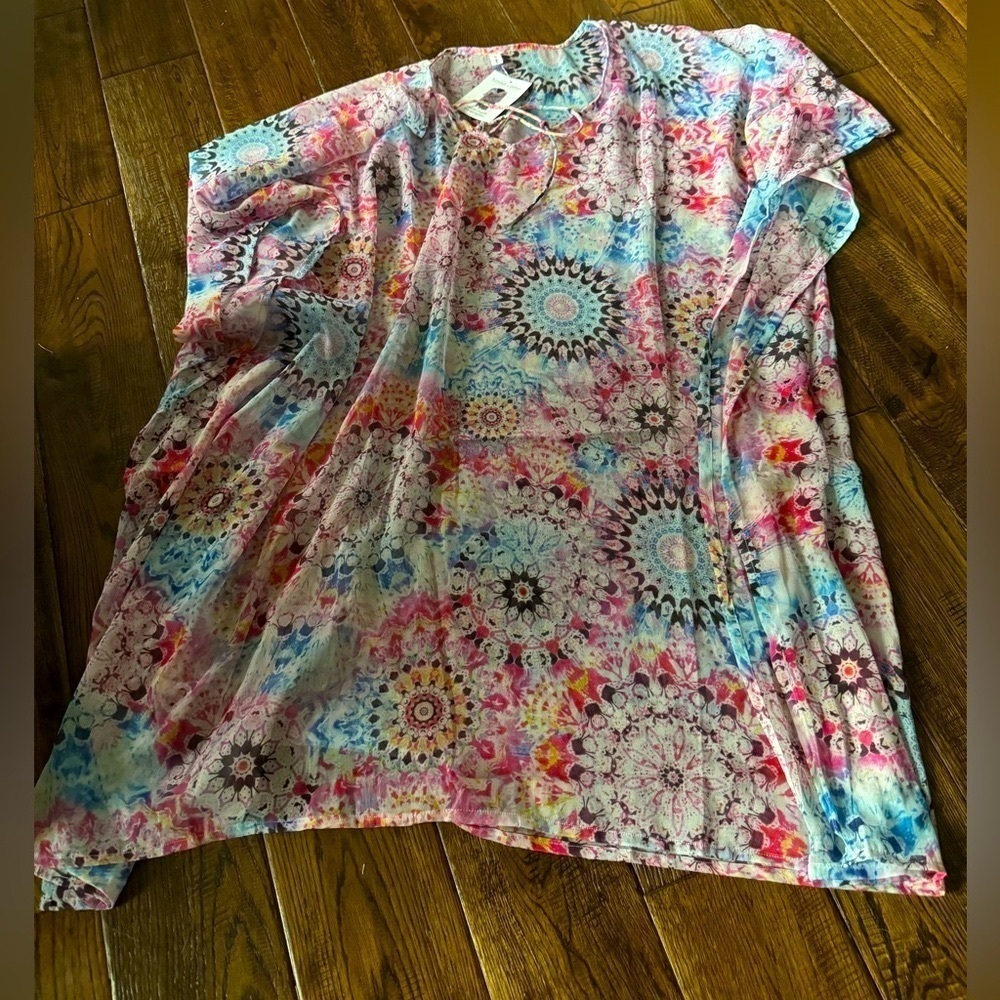 NWT Kendall & James Pink Printed Semi Sheer Lace Up Swim Cover Up One Size